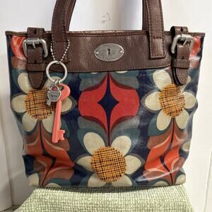 Fossil Key-Per Handbag Purse Tote Coated Canvas Orange Brown Vinyl Retro Floral